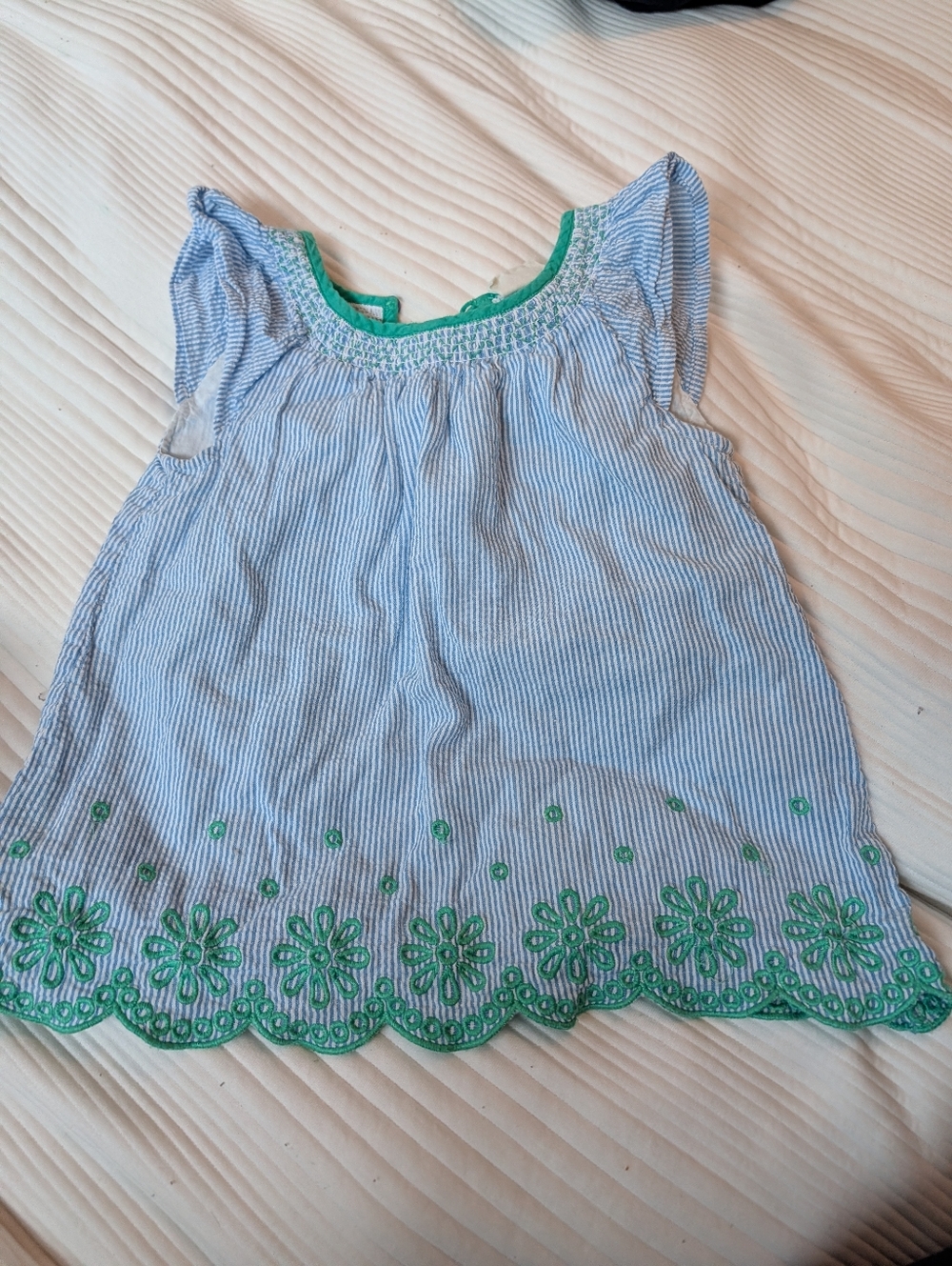 Mini Boden Blue & Green Striped Tank Top with Green Floral Embroidery